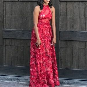 beautiful high neck red evening gown with slit leg